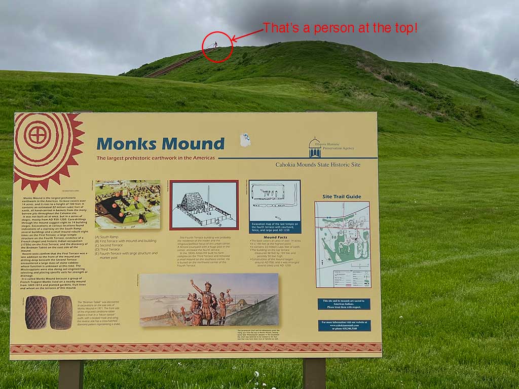 Monks Mound and sign at Cahokia Mounds